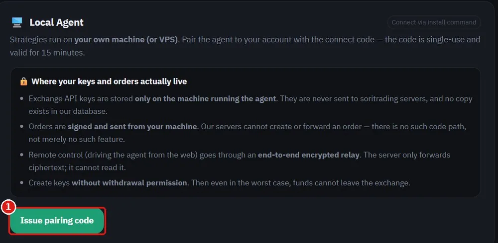 SoriTrading Agents page with the green Issue pairing code button outlined in red