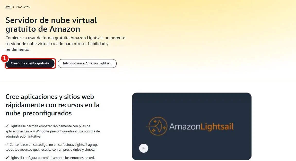 Página de presentación de AWS Lightsail con el botón Crear una cuenta gratuita recuadrado en rojo