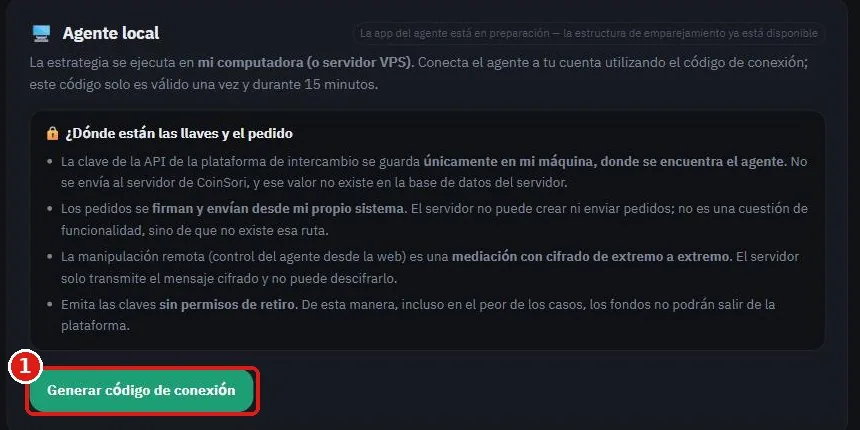 Página Activos de SoriTrading con el botón verde Generar código de conexión recuadrado en rojo