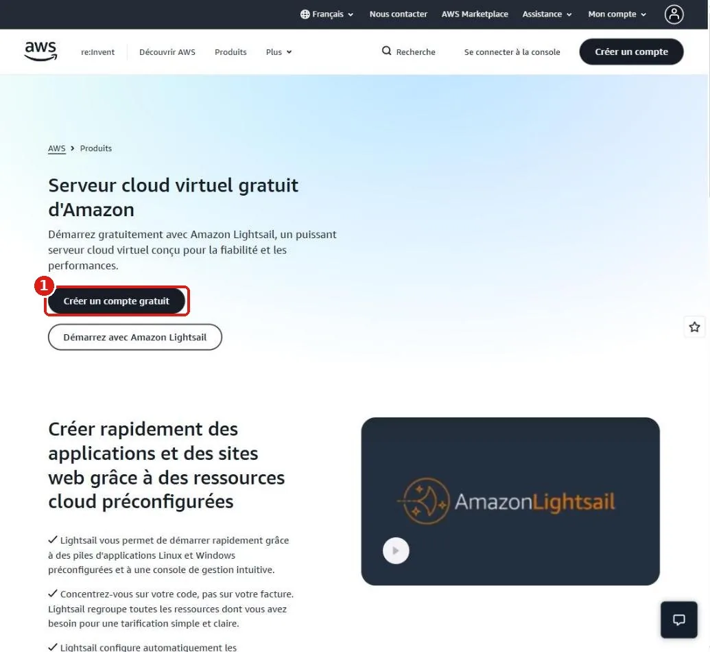 Page de présentation d'AWS Lightsail, le bouton Créer un compte gratuit entouré en rouge