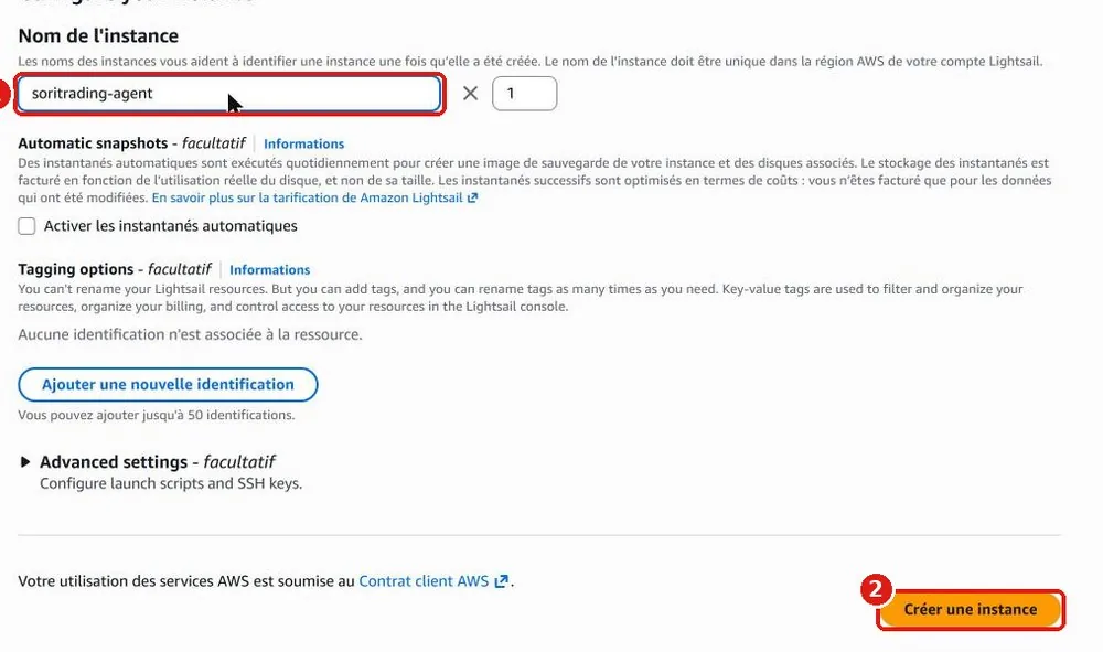 Le champ Nom de l'instance contient soritrading-agent et le bouton orange Créer une instance se trouve en bas à droite