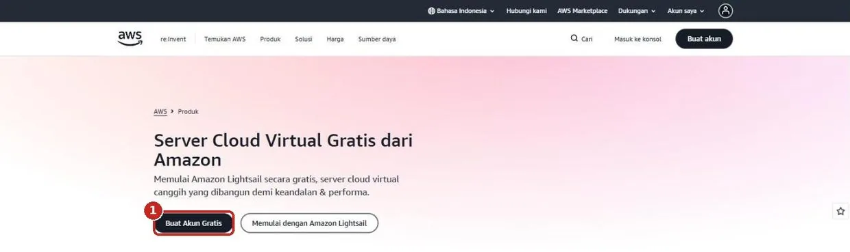 Halaman produk AWS Lightsail dengan tombol Buat Akun Gratis bertanda kotak merah
