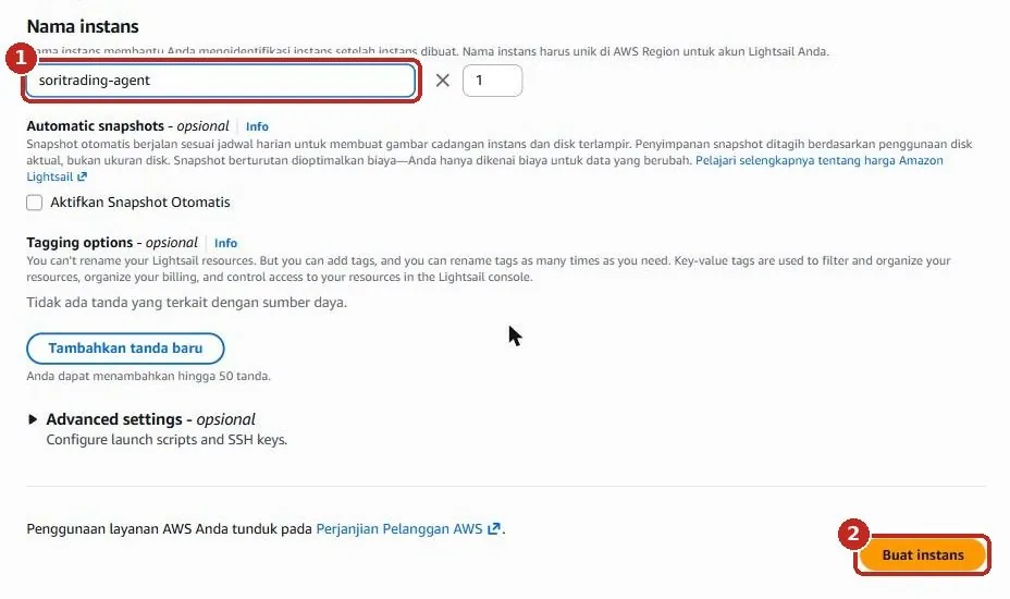 Kotak nama instans terisi soritrading-agent dan tombol oranye Buat instans di kanan bawah