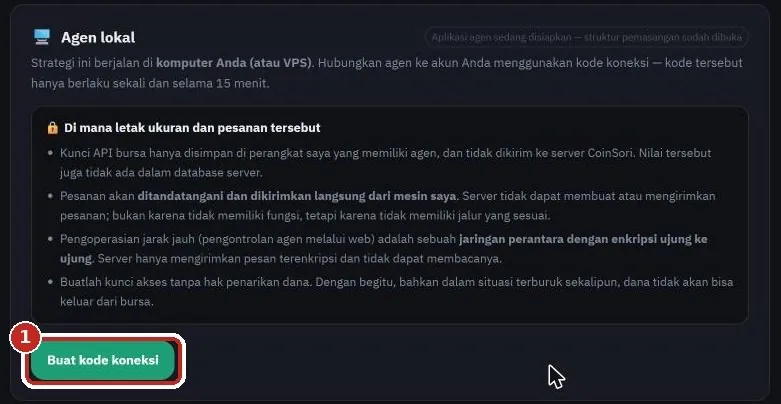 Halaman Aset SoriTrading dengan tombol hijau Buat kode koneksi bertanda kotak merah