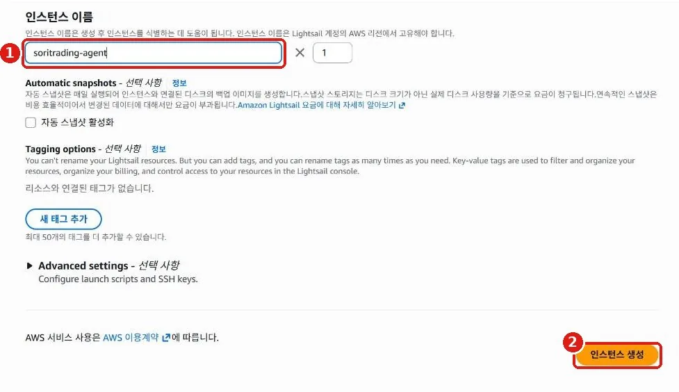 인스턴스 이름 칸에 soritrading-agent가 입력되고, 오른쪽 아래 주황색 인스턴스 생성 버튼이 표시된 화면