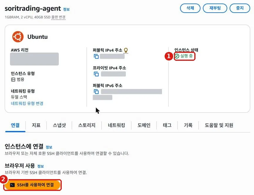 서버 상세 화면. 인스턴스 상태가 실행 중이고, 아래쪽에 주황색 SSH를 사용하여 연결 버튼이 있음