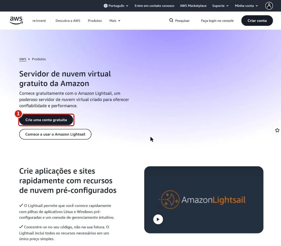Página de apresentação do AWS Lightsail com o botão Crie uma conta gratuita destacado em vermelho