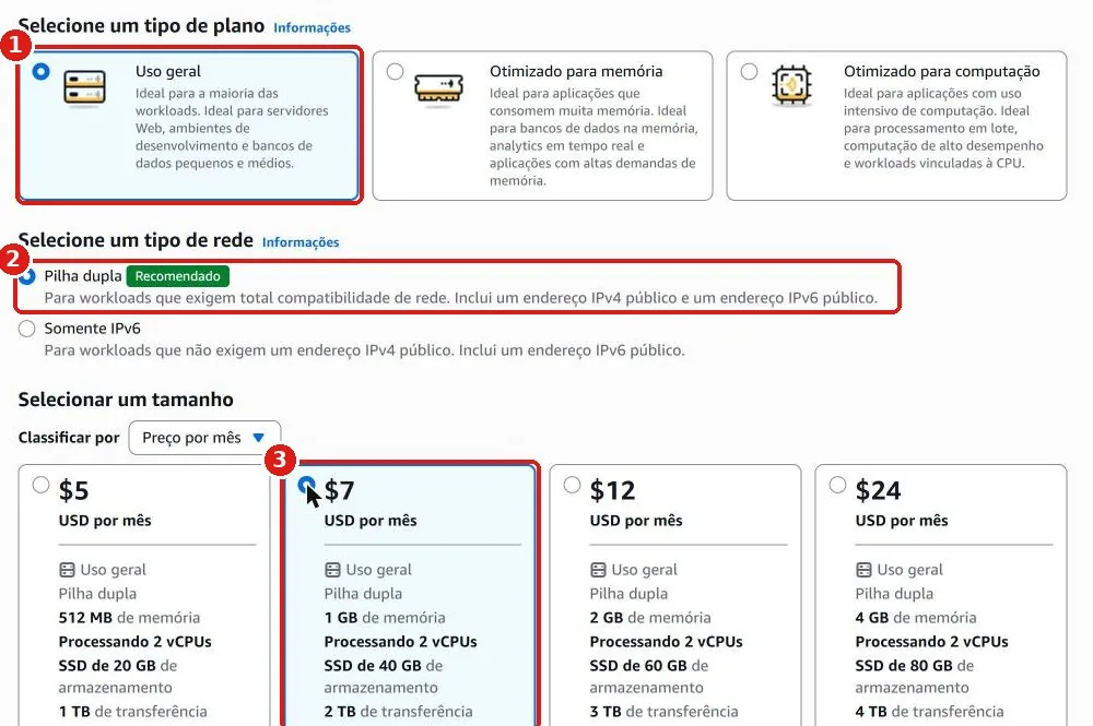 Uso geral, Pilha dupla e o tamanho de US$ 7 por mês selecionados