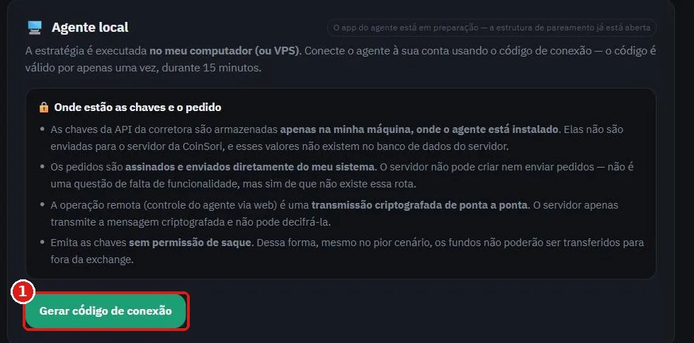 Página Ativos do SoriTrading com o botão verde Gerar código de conexão destacado em vermelho