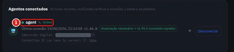 A lista Agentes conectados do SoriTrading mostra o servidor como Online