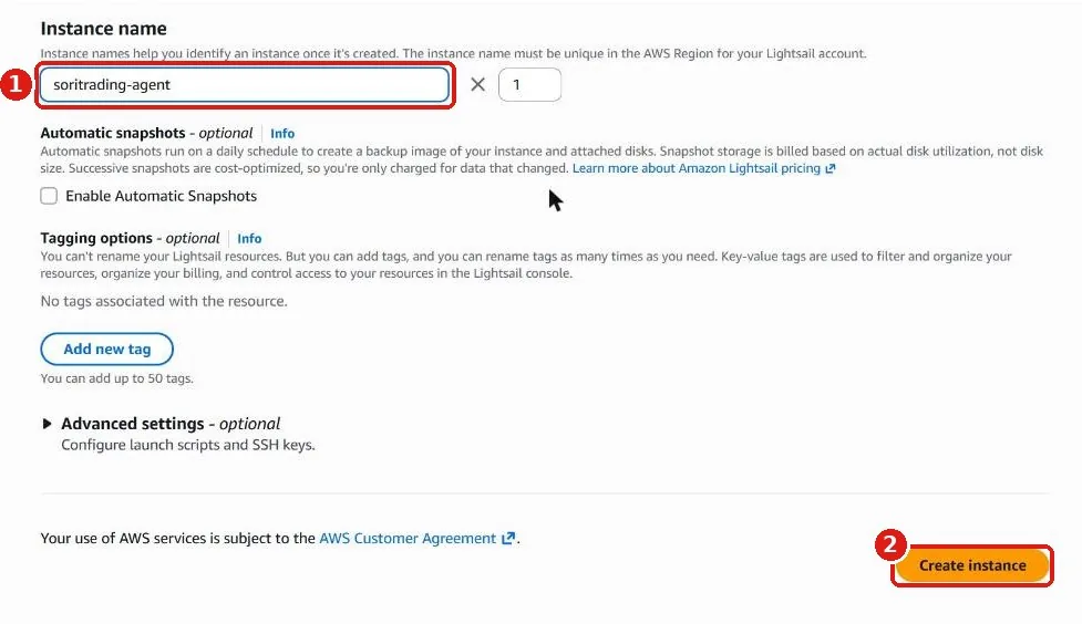 ช่อง Instance name กรอก soritrading-agent และมีปุ่ม Create instance สีส้มอยู่มุมขวาล่าง