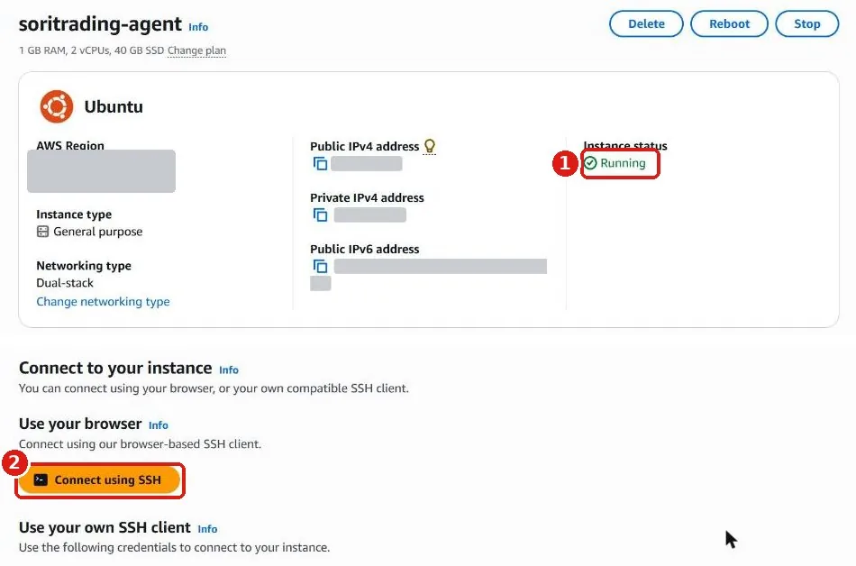 หน้ารายละเอียดเซิร์ฟเวอร์ สถานะ Running และปุ่ม Connect using SSH สีส้ม