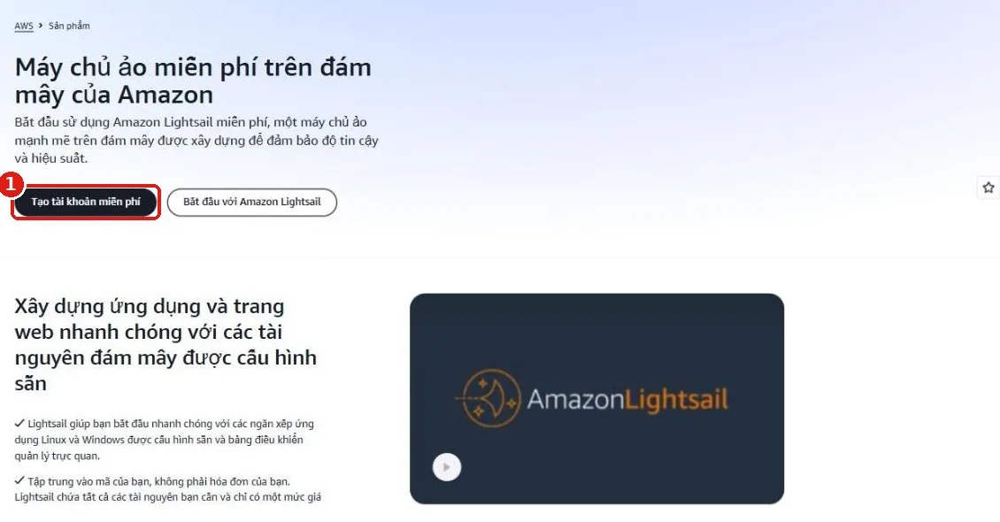 Trang giới thiệu AWS Lightsail với nút Tạo tài khoản miễn phí được khoanh đỏ