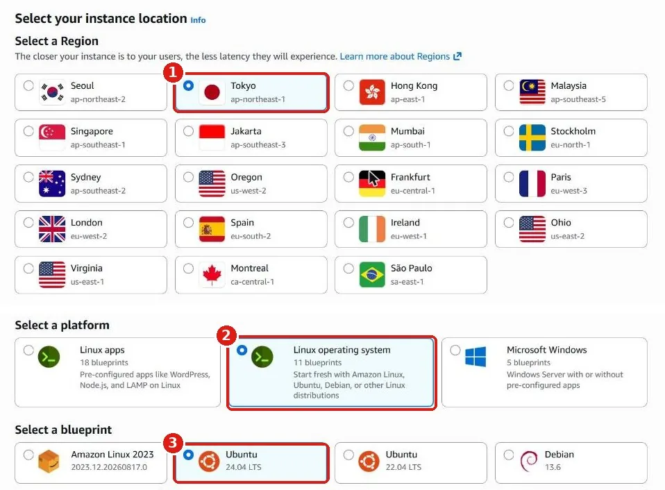 Trên: danh sách Region đang chọn Tokyo. Dưới: đang chọn Linux operating system và Ubuntu 24.04 LTS