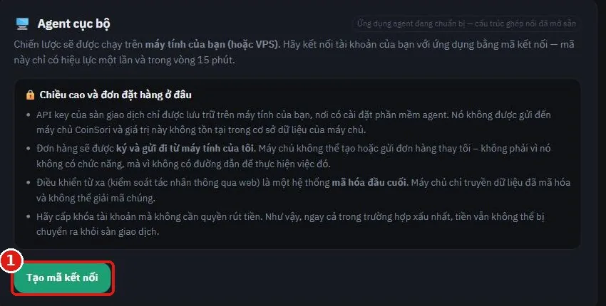Trang Tài sản của SoriTrading với nút Tạo mã kết nối màu xanh được khoanh đỏ