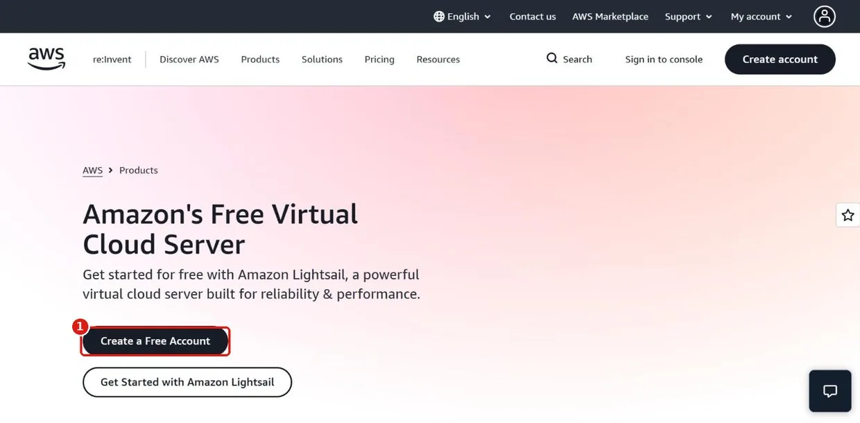 AWS Lightsail 介绍页面，左下方的 Create a Free Account 按钮用红框标出