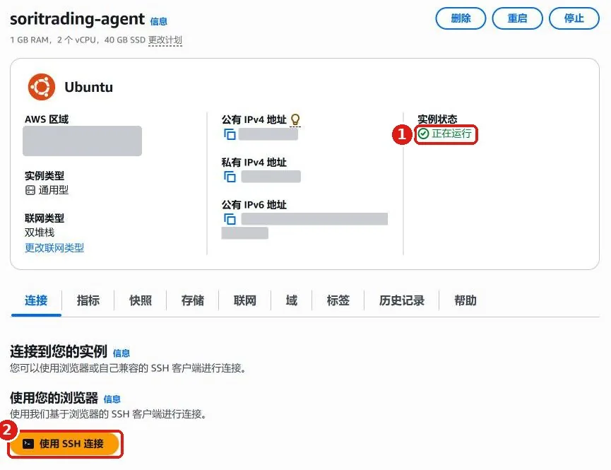 服务器详情页面，实例状态为正在运行，下方有橙色的使用 SSH 连接按钮